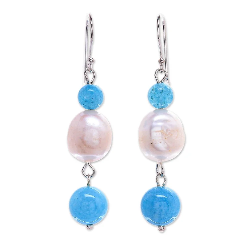 Corded texture earrings-NOVICA Electric Ocean, Cultured pearl and quartz dangle earrings - 2.1*0.5