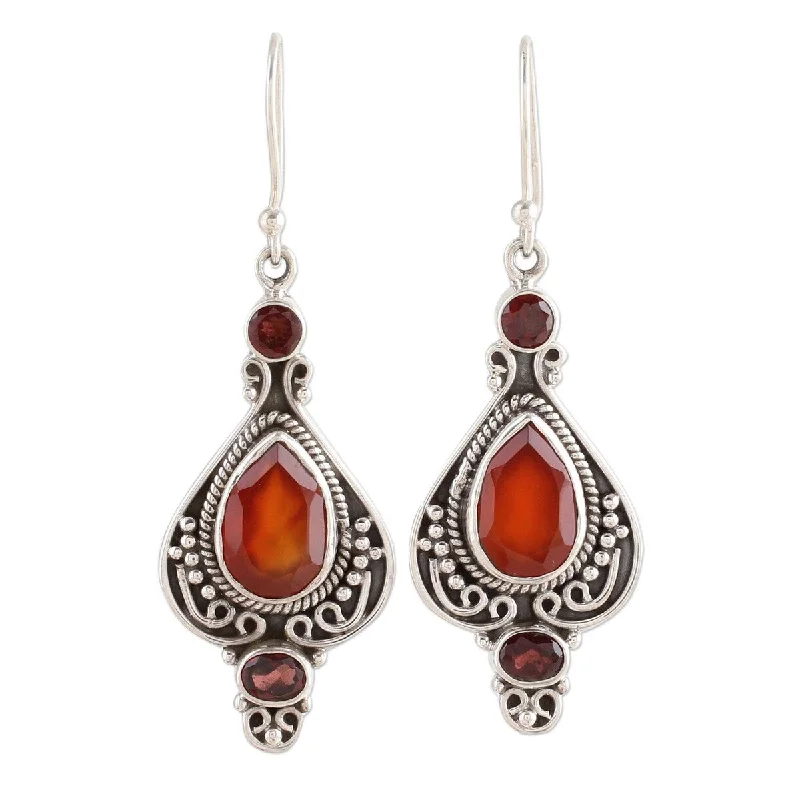 Ripple-wave earrings-NOVICA Fiery Glow, Carnelian and garnet dangle earrings - 2.1*0.7