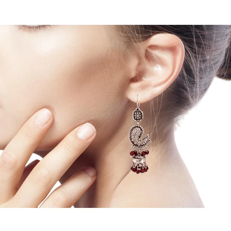 Embossed gem earrings-NOVICA Handmade Paisley Peacock Sterling Silver Garnet Earrings (India) - 8'3" x 11'