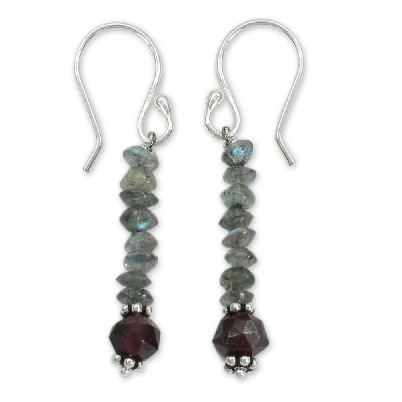 Luminous minimalist earrings-NOVICA Handmade Sterling Silver 'Evening Mist' Labradorite and Garnet Earrings (India)