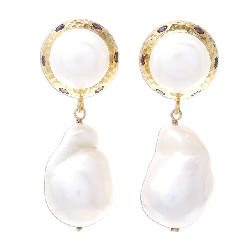 Faded finish earrings-NOVICA Pure Ocean, Gold plated cultured pearl and amethyst dangle earrings - 1.6*0.6