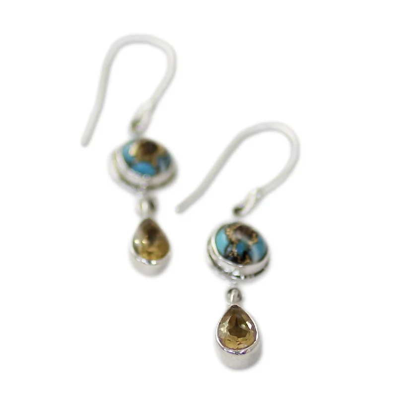 Vivid stone earrings-NOVICA Sterling Silver 'Sunny Droplets' Citrine Composite Turquoise Earrings - 1.7*0.4