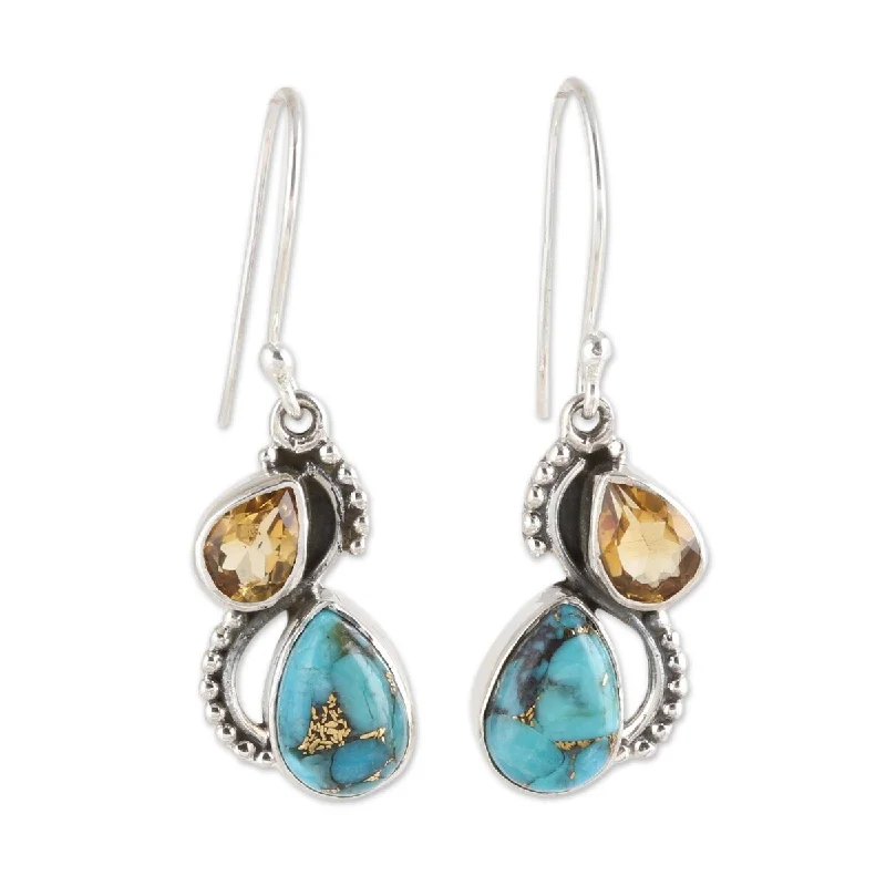 Shimmering silver earrings-NOVICA Two Teardrops, Citrine and composite turquoise dangle earrings - 1.4*0.4