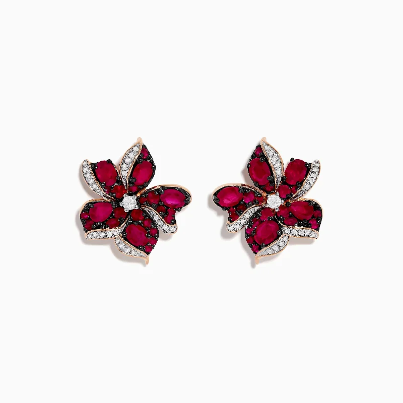 Molten gold earrings-Ruby Royale 14K Rose Gold Ruby and Diamond Flower Earrings