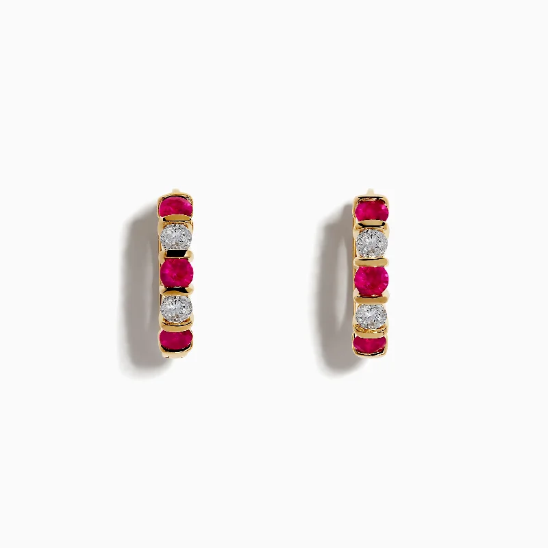 Faceted crystal earrings-Ruby Royale 14K Yellow Gold Ruby and Diamond 5/8" Hoop Earrings