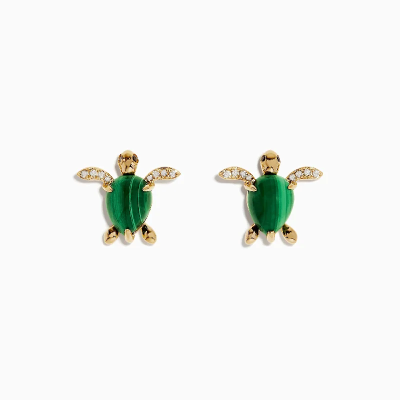 Ridged earrings-Seaside 14K Yellow Gold Malachite and Diamond Turtle Ring