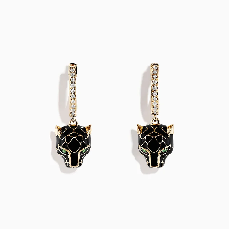 Rough-cut sapphire earrings-Signature 14K Yellow Gold Diamond Emerald and Enamel Panther Earrings