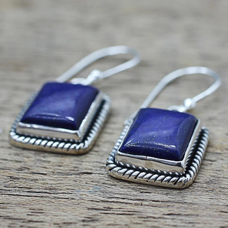 Open-sun earrings-Sterling Silver 'Blue Frame' Lapis Lazuli Earrings