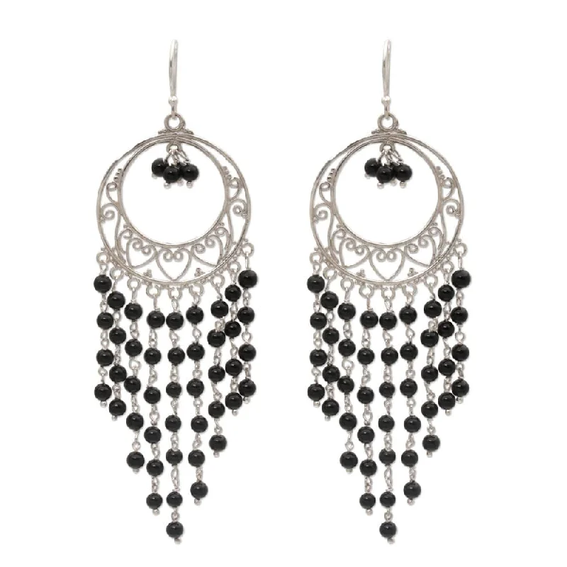 Wire-bend earrings-Sterling Silver 'Raining Dreamcatchers' Onyx Earrings - 3.3L*1.2W