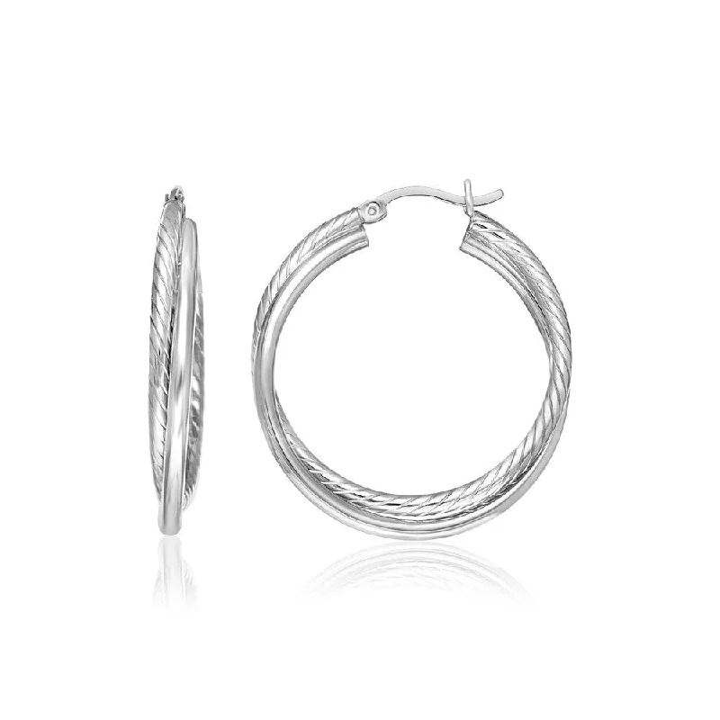 Overlapped earrings-Sterling Silver Ridged Hoop Earrings with Textured Design