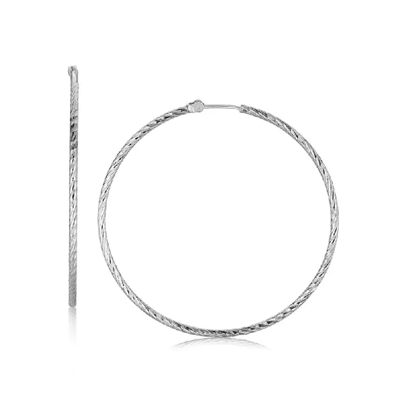 Molten silver earrings-Sterling Silver Thin Diamond Cut Hoop Earrings with Rhodium Plating (45mm)