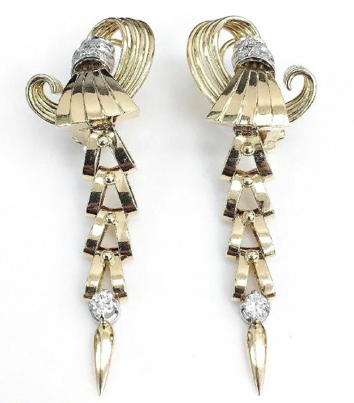 Embossed pattern earrings-Vintage 0.56 Carat t.w. Diamond Dangle Earrings 18K Yellow/White Gold 2.25 Inch