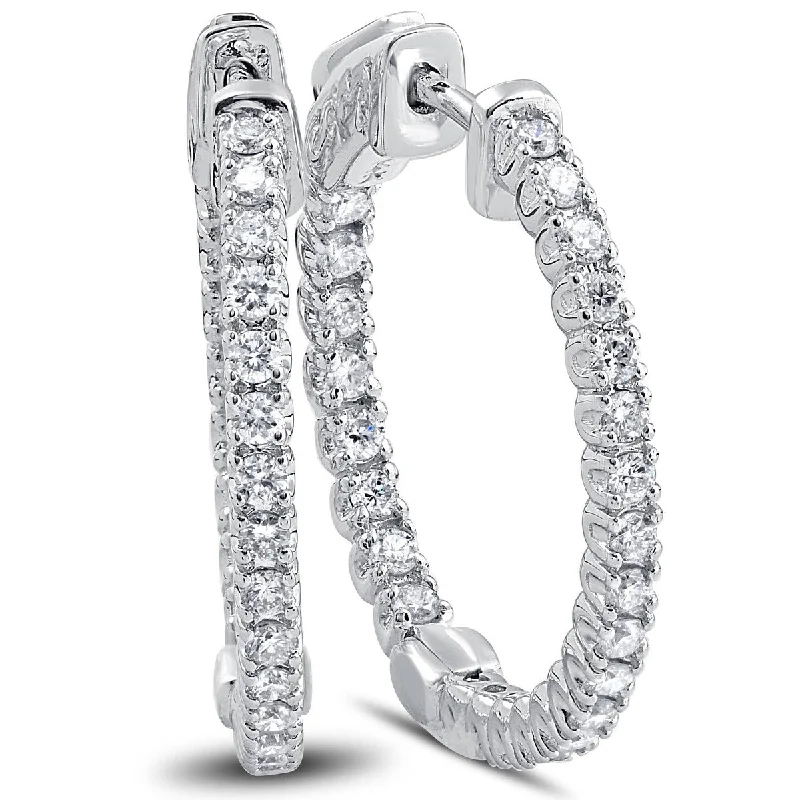 Classic jasper earrings-VS/G 1.25 Ct Diamond Oval Shape Inside Outside Hoops Earrings 14k White Gold 1"