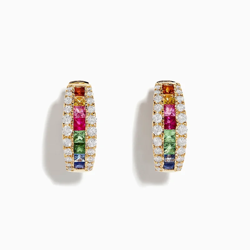 Vivid stone earrings-Watercolors 14K Gold Multi Sapphire & Diamond Hoop Earrings