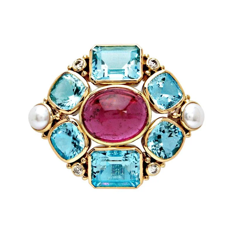 Brooch-Aquamarine, Rubellite, Pearl and Diamond  (1343I)