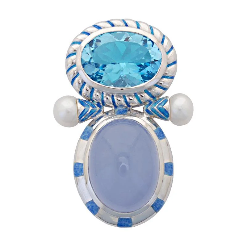 Brooch-Blue Topaz, Chalcedony and Pearl (Enamel)  (47BS)