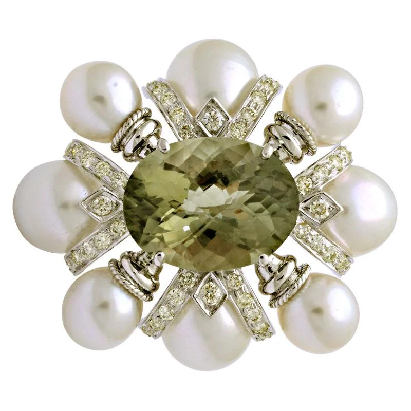 Brooch-Green Quartz, South Sea Pearl and Diamond  (132CS)