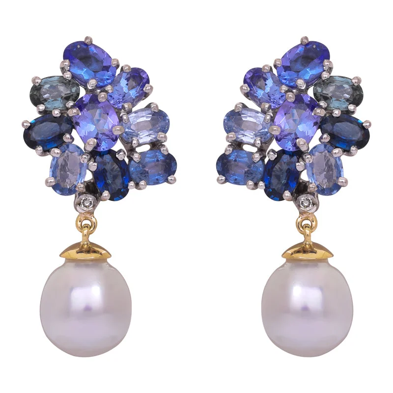 Earrings- Blue Sapphire, Tanzanite, South Sea Pearl and Diamond