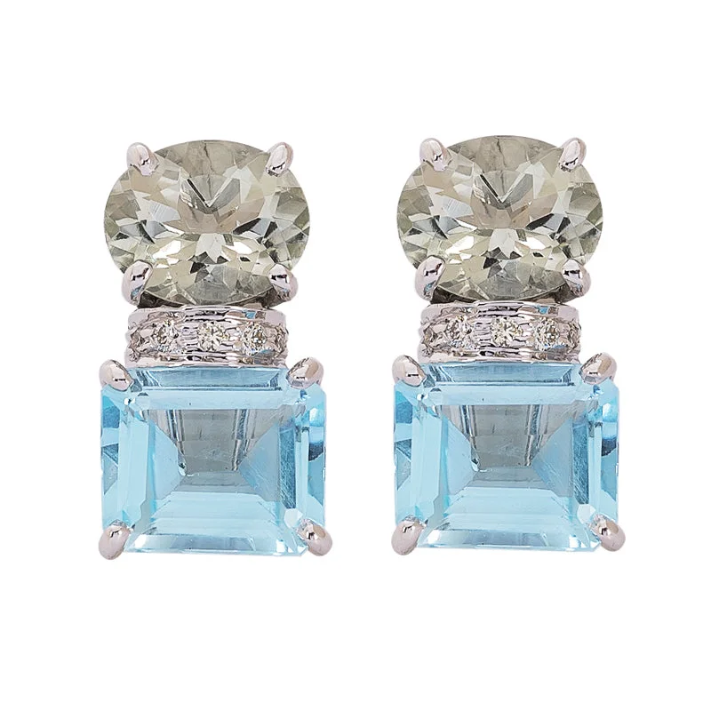 Earrings- Blue Topaz, Green Quartz and Diamond