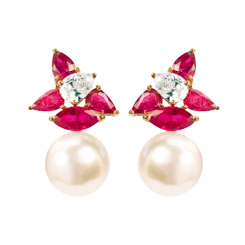 Earrings - South Sea Pearl, Ruby and Crystal