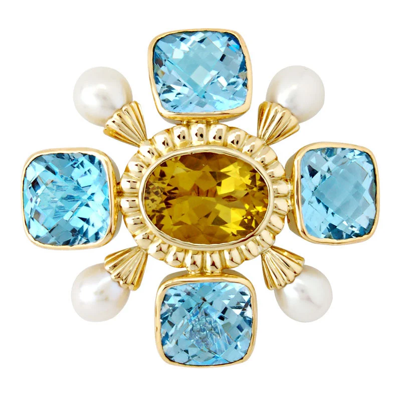 Repair - Brooch-Lemon Quartz, Blue Topaz and Pearl (SKU : 1208C)