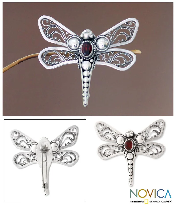 Scarlet Dragonfly Sterling Silver & Garnet Brooch